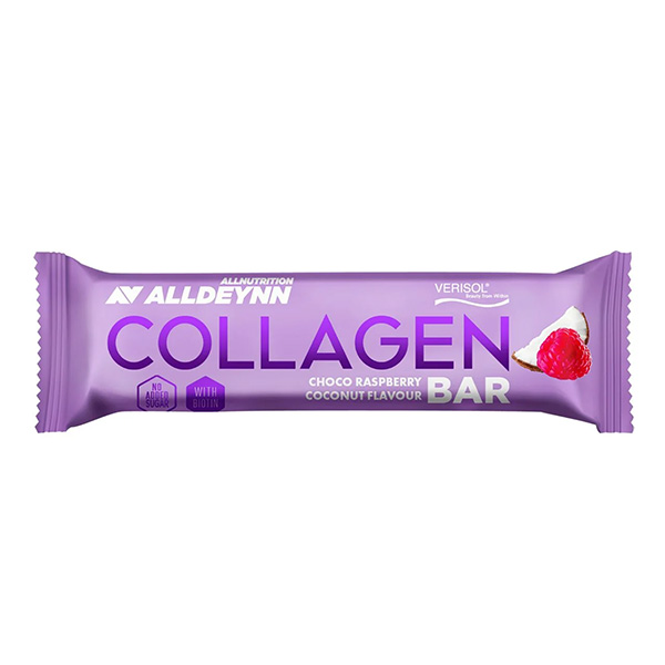 Collagen Riegel, Schokolade Himbeere, Kokosgeschmack, Proteinsnack, Lila Verpackung