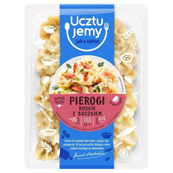 pierogi, dumplings, kartofle, bacon, verpackt