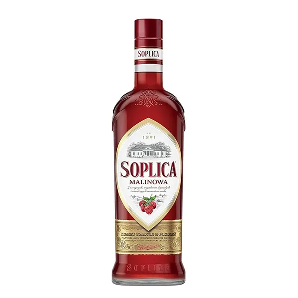 Likör, Himbeere, Rotglasflasche, Soplica, Flasche mit Etikett