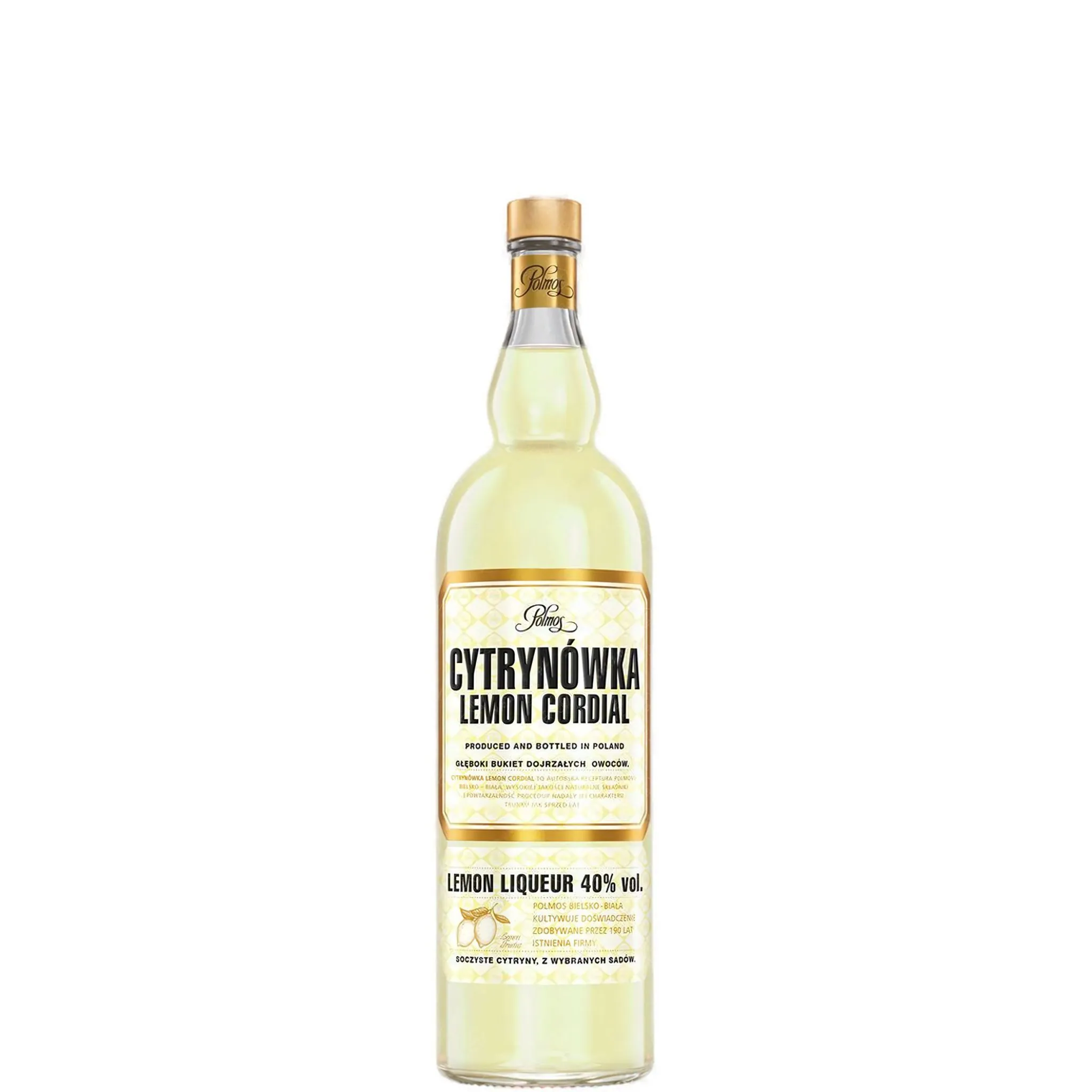 Zitronenlikör, Cordiale, Glasflasche, gelbe Flüssigkeit, Etikettendesign