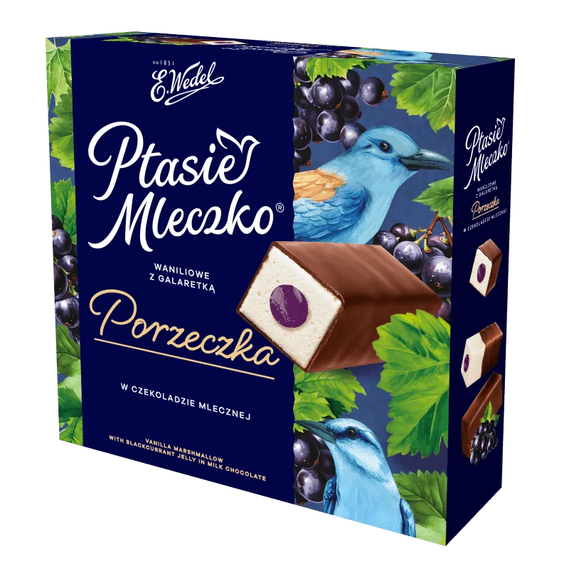 E. Wedel Ptasie Mleczko Vanille mit Johannisbeergelee in Vollmilchschokolade 340 g - Ptasie Mleczko waniliowe z galaretka porzeczka w czekoladzie mlecznej 340 g