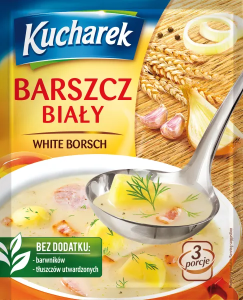 white borscht, polish soup, potato dumplings?, onion, garlic, herb, ladle, packaging, wheat, cooking