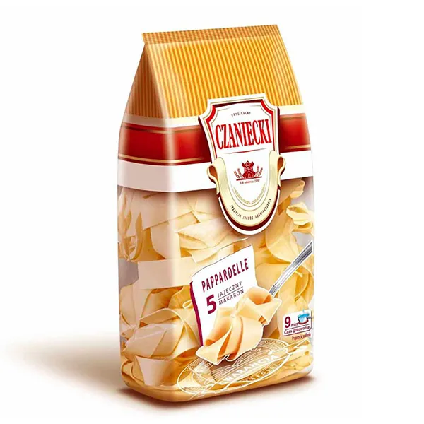 Käsechips, Pappardelle Form, Maßhaltige Portionsgröße, Bandverpackung, Gelb-weiße Verpackung