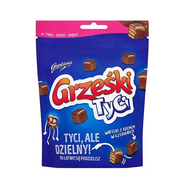 Schokoladenbonbons, kleine Würfel, Karamellfüllung, Waffel, Snack-Tasche