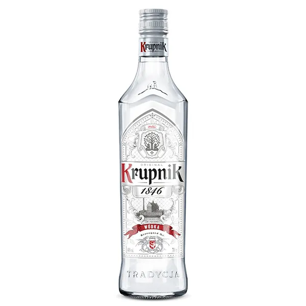Wodka, Glasflasche, Transparente Flasche, Krupnik, Etikettendesign