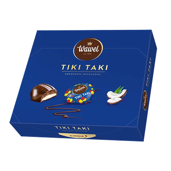 tiki takt, kokosowy opakowanie, pralinka z nadzieniem, czekolada z nadzieniem, kolor niebieski