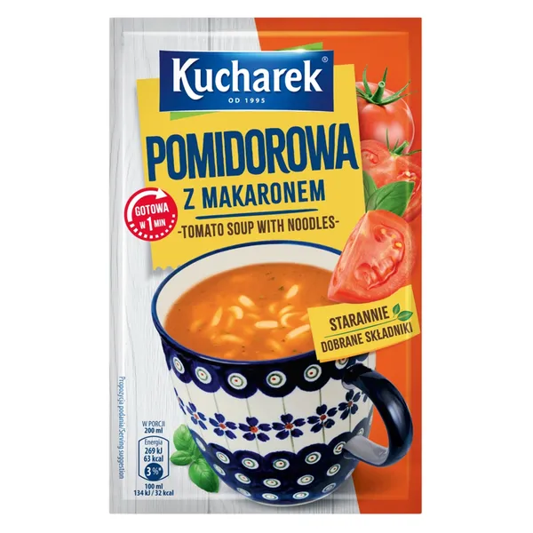 Tomatensuppe, Nudeln, Verpackung, Geschirr, Polnisches Produkt