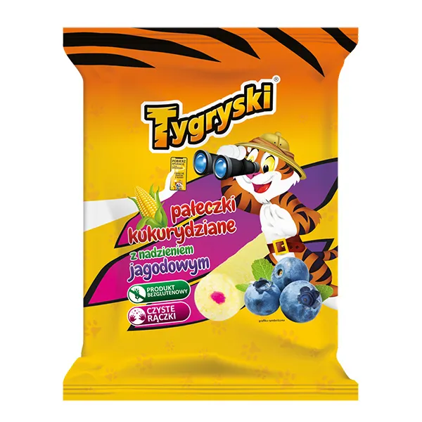 Snack, Corn sticks, Blueberry, Orange packaging, Tiger character