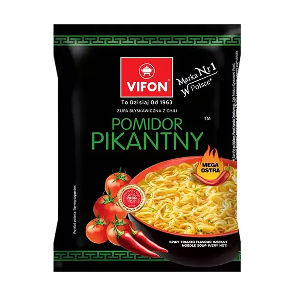 instant soup, tomato, noodle, spicy, packaging