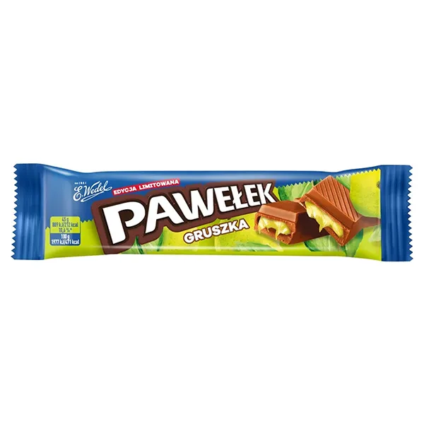 pawelek, gruszka, czekolada, batonik, opakowanie