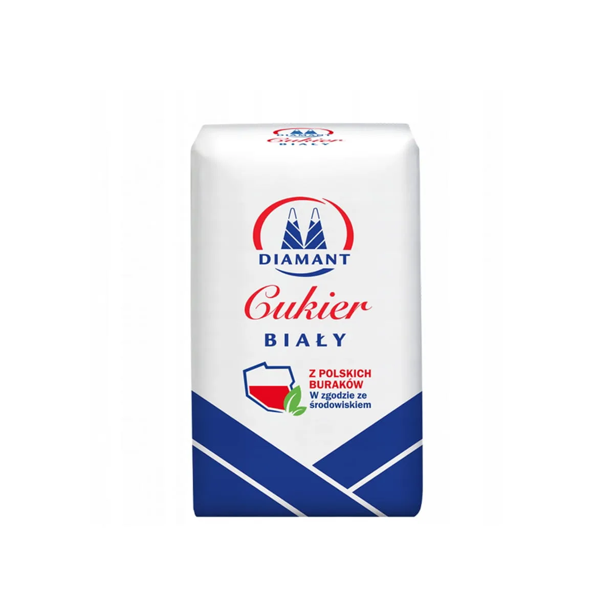 Weißer Zucker, Kristallzucker, Zuckersack, weiße Verpackung, blaue Akzente
