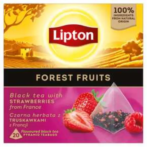 tee, schwarzer tee, waldfrüchte, erdbeeren, pyramidenbeutel