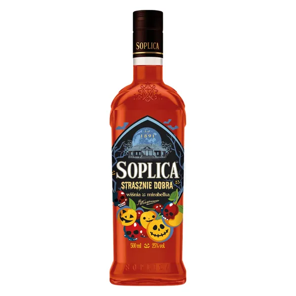 Likör, Schnapsglas?, Soplica, Orangene Flasche, Etikettendesign, Schädelmotiv, Kürbis, Halloween, Flasche