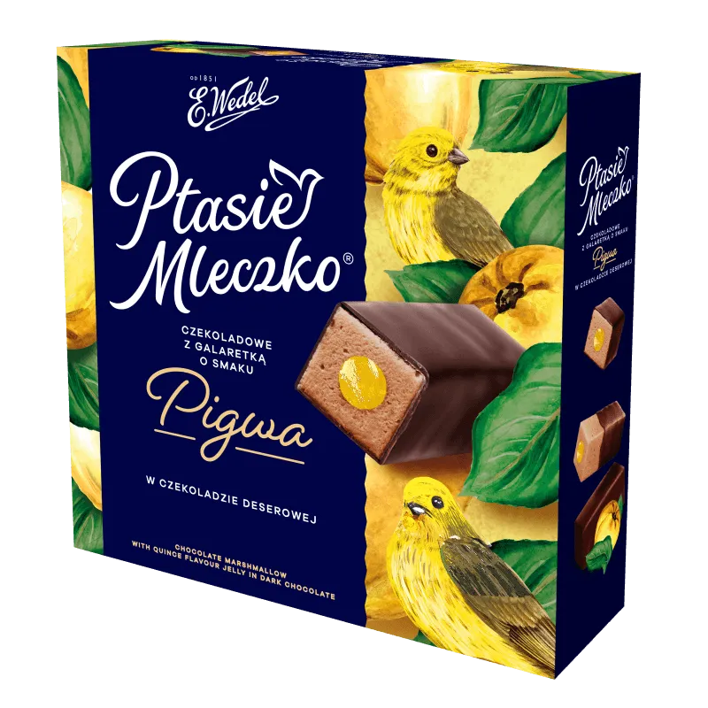 E. Wedel Ptasie Mleczko Schokolade mit Gelee mit Quittengeschmack in Zartbitterschokolade 340 g - Ptasie Mleczko czekoladowe z galaretka o smaku pigwa w czekoladzie deserowej 340 g