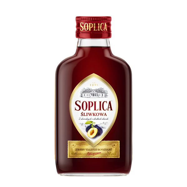 Kornbrand?:?, Schnapsflasche, Rotbraun, Pflaume, Soplica