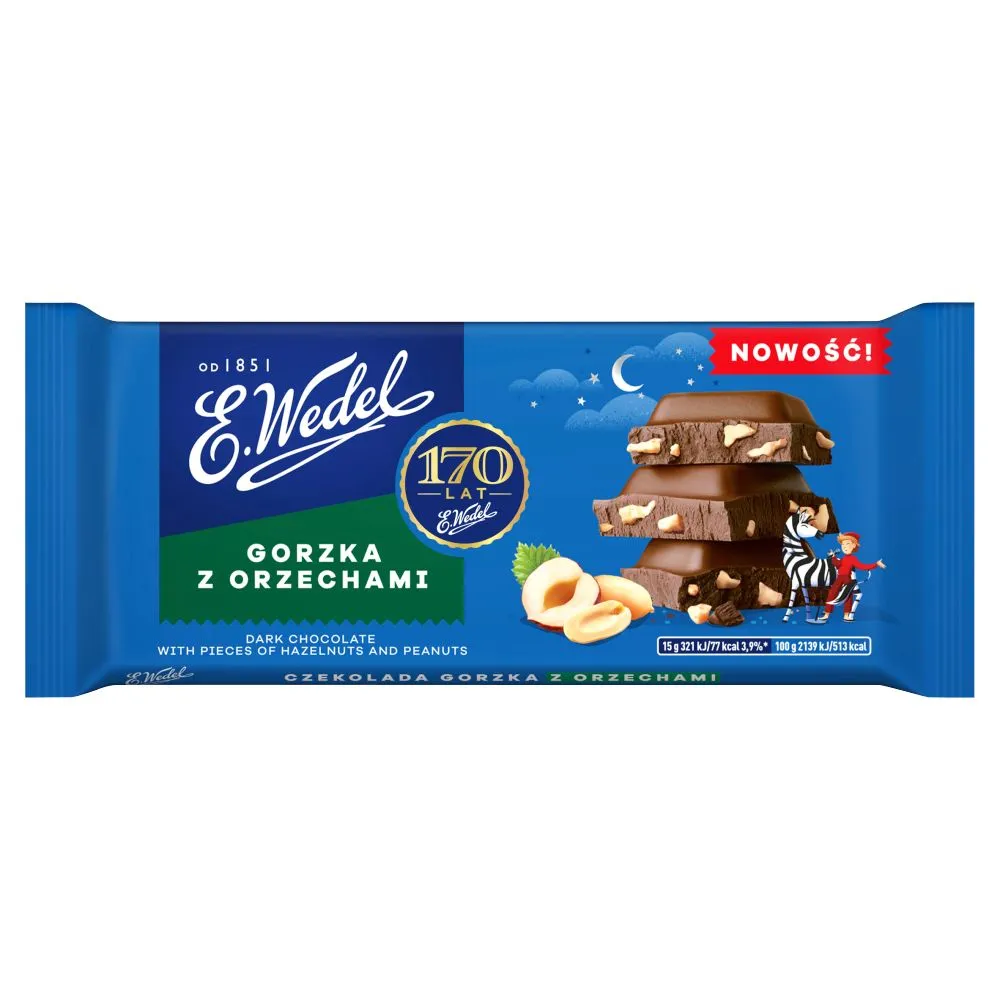 Schokoladenriegel, Dunkle Schokolade, Nussstücke, Keksstücke, Gorzka z orzechami