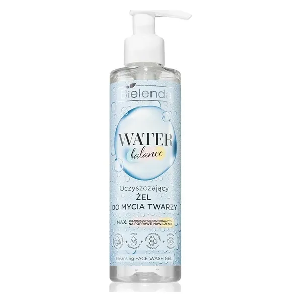 Gesichtsreinigungsgel, Pumpflasche, transparent, blaues Etikett, Wasserbalance