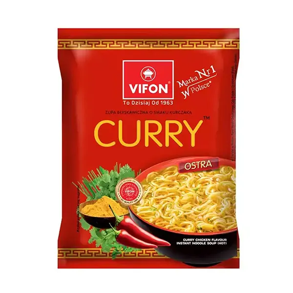 Schnellgerichte Nudeln, Curry, Hähnchen-Geschmack, rote Verpackung, verpackte Suppe