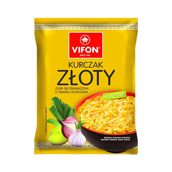 Instant-Nudeln, Hühnergeschmack, Gelbe Verpackung, Zwiebel, Knoblauch
