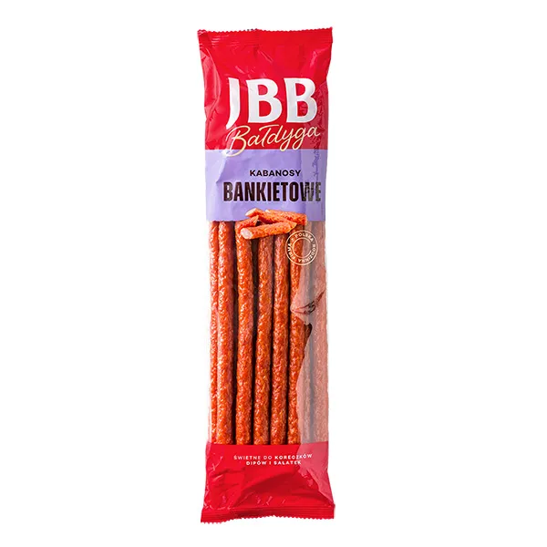 Pepperoni-Sticks, Fleischsnack, rote Verpackung, Kabanosy, getrocknete Wurst