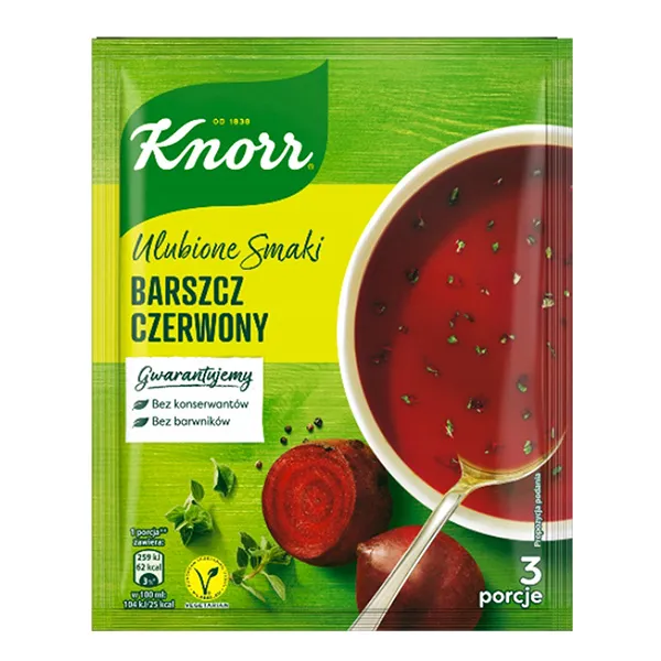 barszcz czerwony, zupa proszkowa, 3 porcje, bez konserwantów, logo Knorr