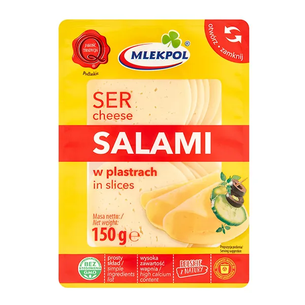 käsescheiben, salami-käse, käsescheiben in scheiben, nettogewicht 150 g, polnischer kieferkäse