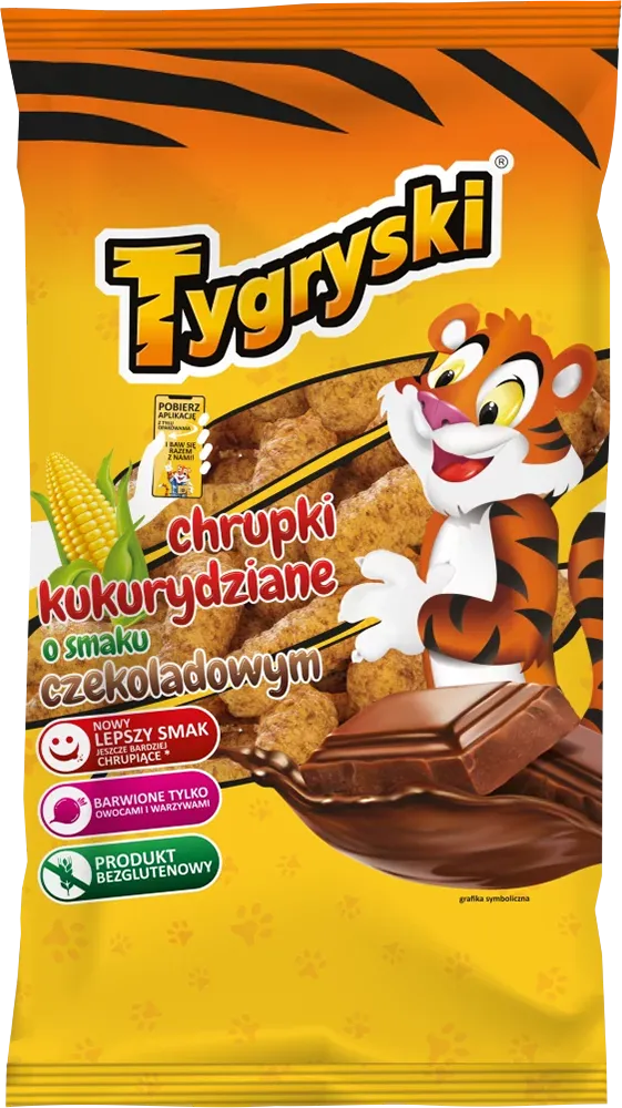  snack, popcorn?, tiger?, chrupki kukurydziane, czekoladowym