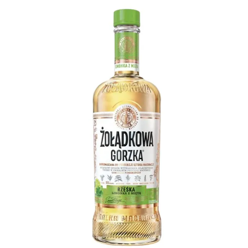 vodka, flavored vodka, Zest lemon, grünes Flaschenlabel, klarer Inhalt