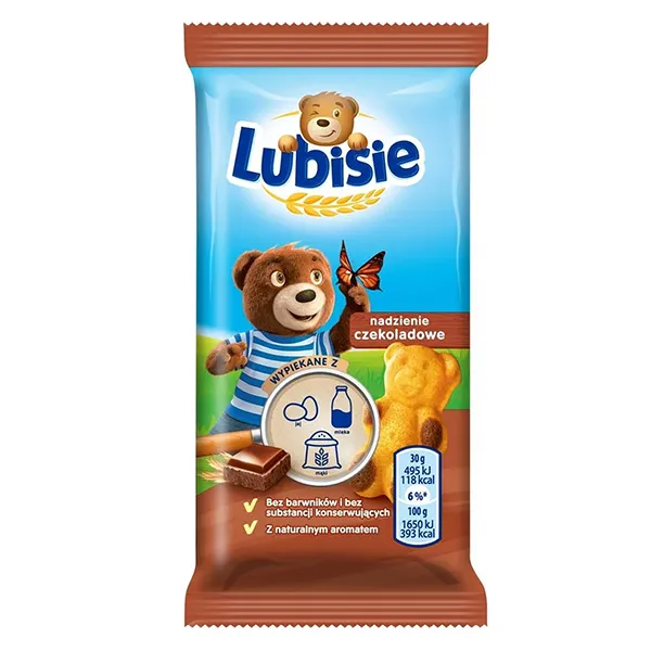 cocoa snack, bear character, blue packaging, butter biscuit, chocolate filling
