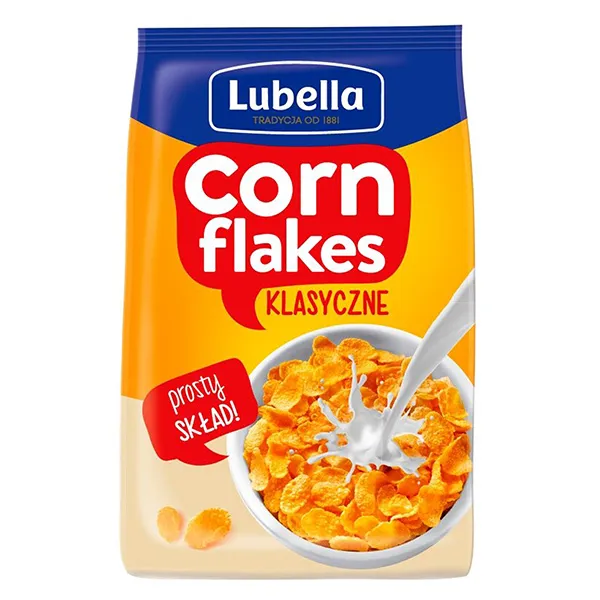 corn flakes, Frühstücksgetreide, Polnische Verpackung, Milch mit Cornflakes, goldene Flocken