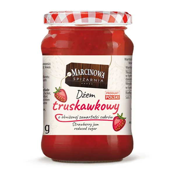 Erdbeermarmelade, Glasbehälter, Rotes Konfitüre, Polnisches Produkt, Fruchtaufstrich